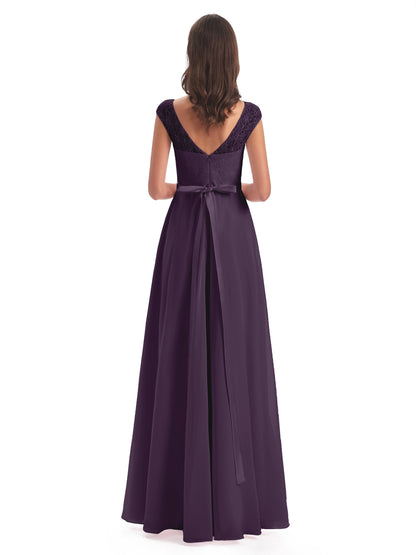 Treasure Cap Sleeves Lace Long Bridesmaid Dresses