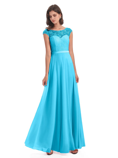 Treasure Cap Sleeves Lace Long Bridesmaid Dresses