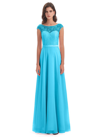 Treasure Cap Sleeves Lace Long Bridesmaid Dresses