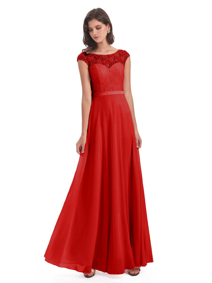 Treasure Cap Sleeves Lace Long Bridesmaid Dresses