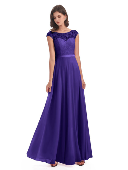 Treasure Cap Sleeves Lace Long Bridesmaid Dresses
