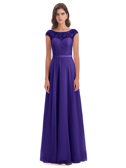 Treasure Cap Sleeves Lace Long Bridesmaid Dresses