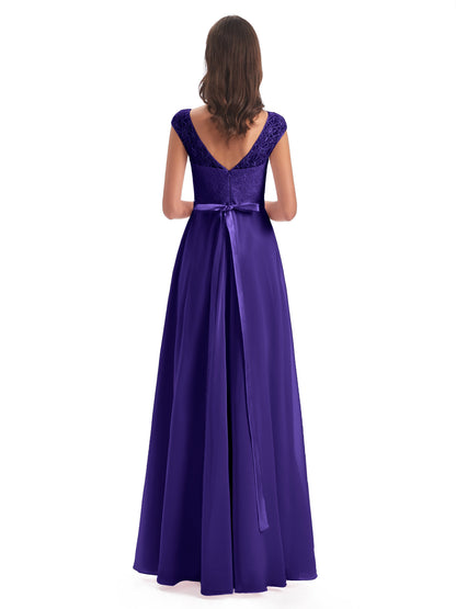 Treasure Cap Sleeves Lace Long Bridesmaid Dresses