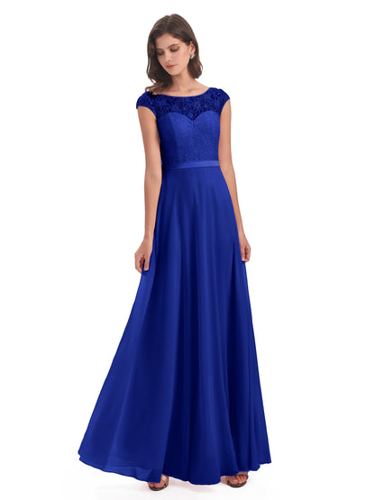 Treasure Cap Sleeves Lace Long Bridesmaid Dresses