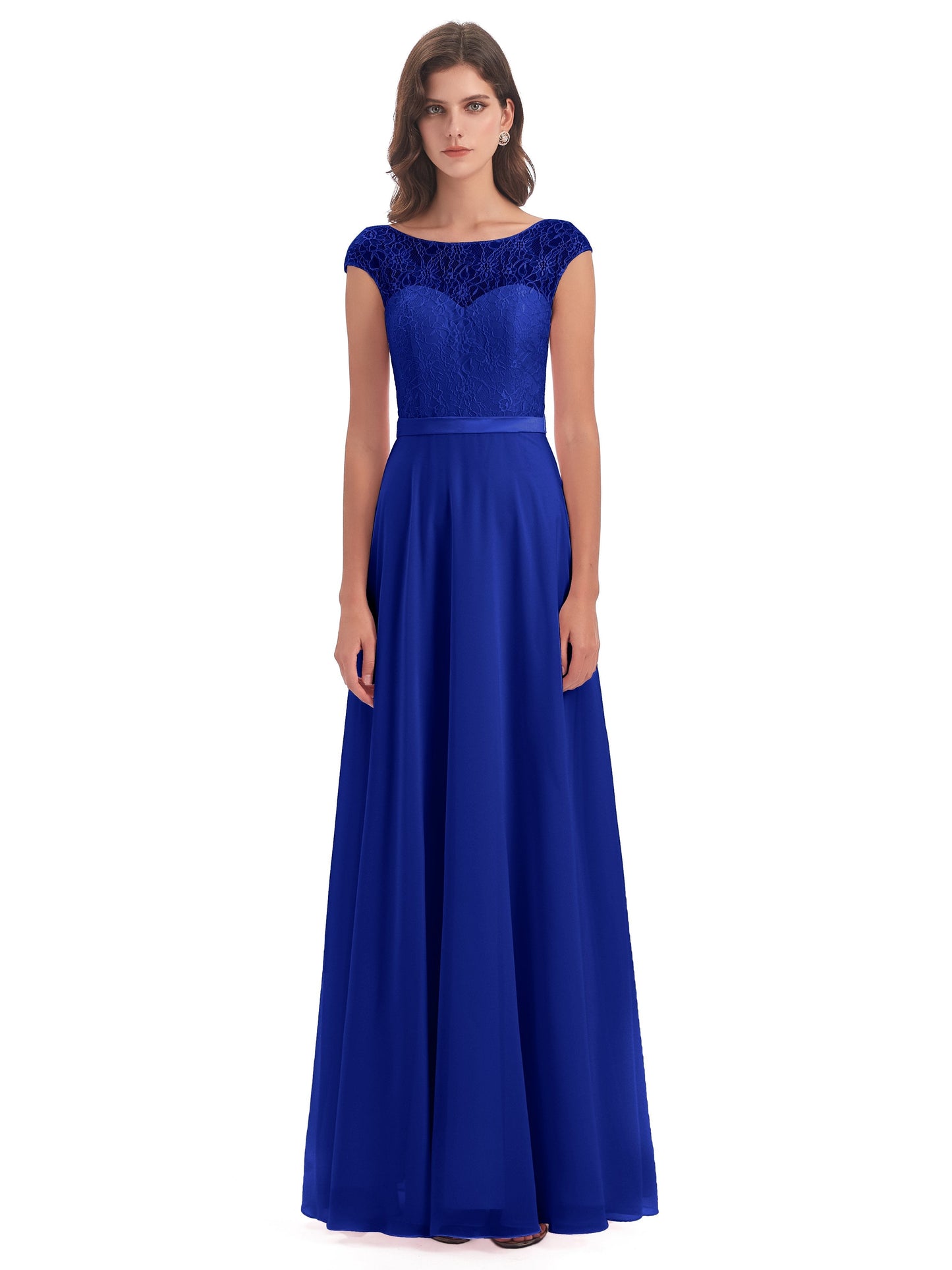 Treasure Cap Sleeves Lace Long Bridesmaid Dresses