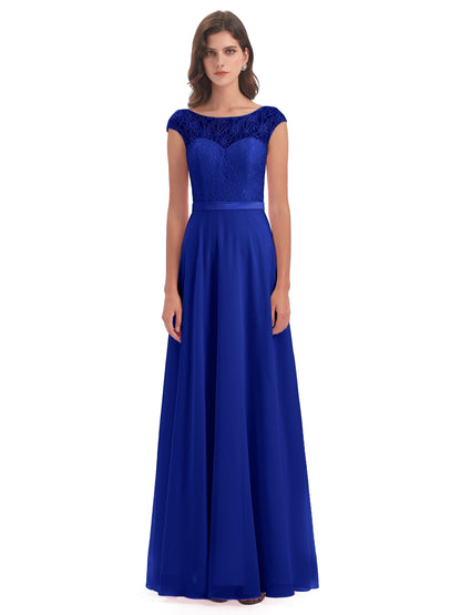 Treasure Cap Sleeves Lace Long Bridesmaid Dresses