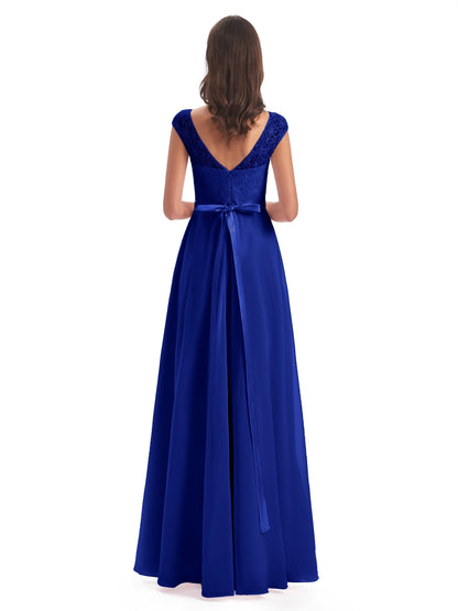 Treasure Cap Sleeves Lace Long Bridesmaid Dresses