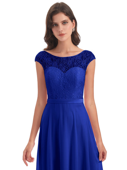 Treasure Cap Sleeves Lace Long Bridesmaid Dresses
