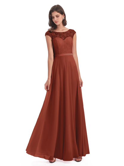 Treasure Cap Sleeves Lace Long Bridesmaid Dresses