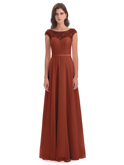 Treasure Cap Sleeves Lace Long Bridesmaid Dresses