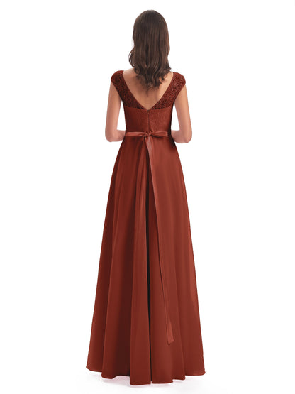Treasure Cap Sleeves Lace Long Bridesmaid Dresses