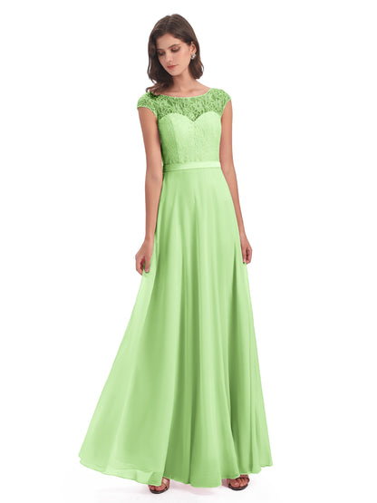 Treasure Cap Sleeves Lace Long Bridesmaid Dresses