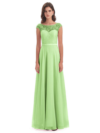 Treasure Cap Sleeves Lace Long Bridesmaid Dresses