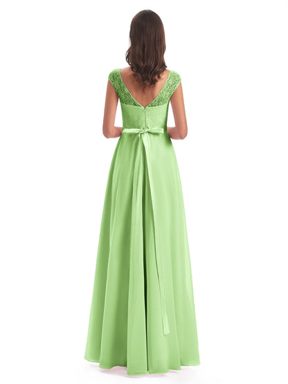 Treasure Cap Sleeves Lace Long Bridesmaid Dresses