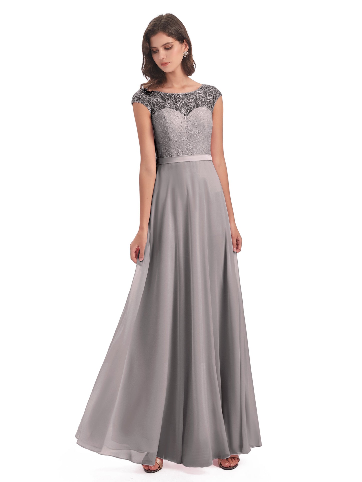 Treasure Cap Sleeves Lace Long Bridesmaid Dresses
