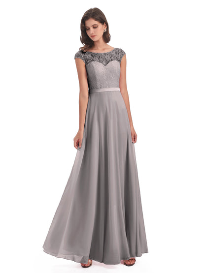 Treasure Cap Sleeves Lace Long Bridesmaid Dresses