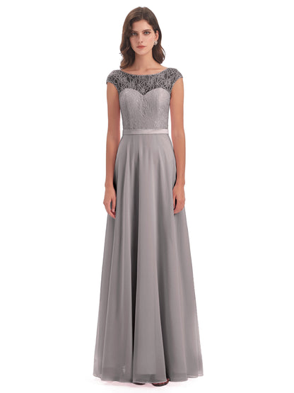 Treasure Cap Sleeves Lace Long Bridesmaid Dresses