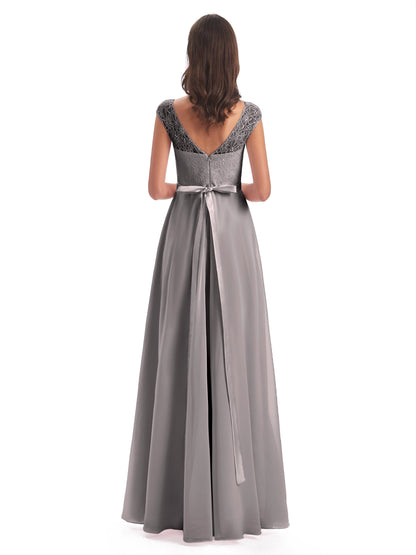 Treasure Cap Sleeves Lace Long Bridesmaid Dresses