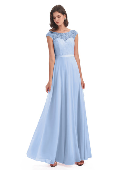 Treasure Cap Sleeves Lace Long Bridesmaid Dresses