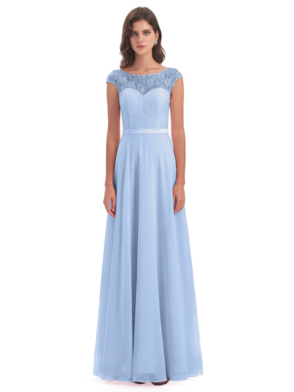 Treasure Cap Sleeves Lace Long Bridesmaid Dresses