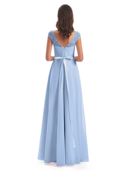 Treasure Cap Sleeves Lace Long Bridesmaid Dresses