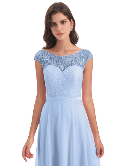 Treasure Cap Sleeves Lace Long Bridesmaid Dresses