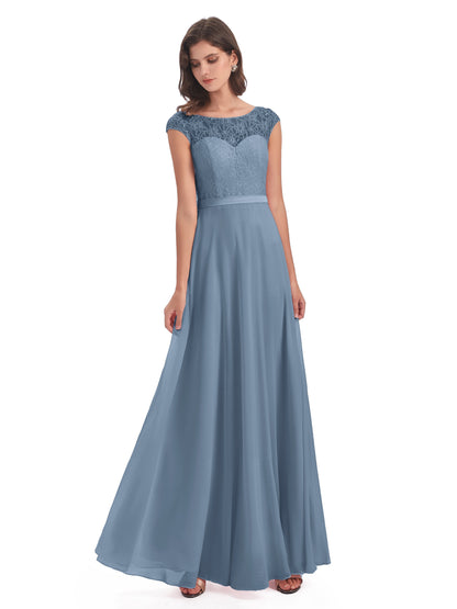 Treasure Cap Sleeves Lace Long Bridesmaid Dresses