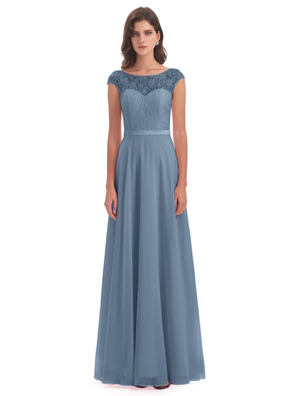 Treasure Cap Sleeves Lace Long Bridesmaid Dresses