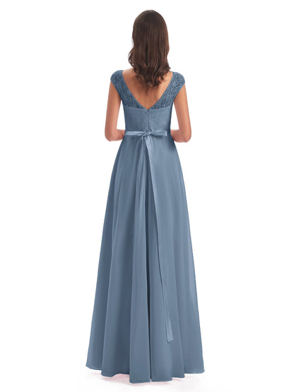 Treasure Cap Sleeves Lace Long Bridesmaid Dresses