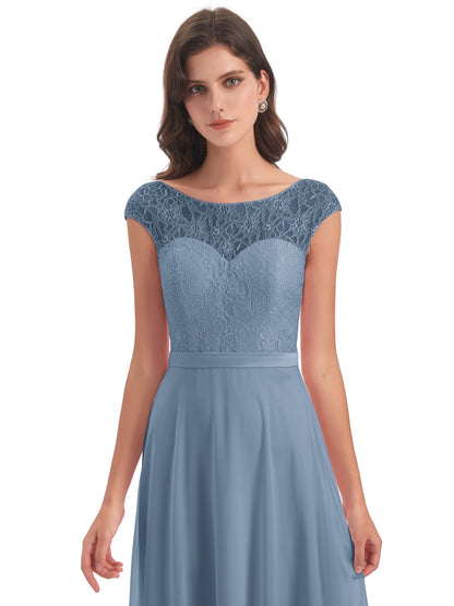 Treasure Cap Sleeves Lace Long Bridesmaid Dresses