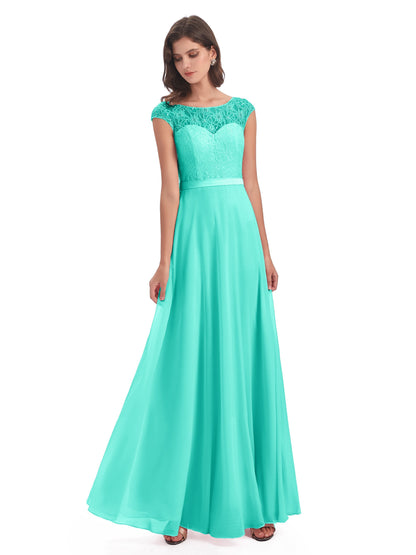 Treasure Cap Sleeves Lace Long Bridesmaid Dresses