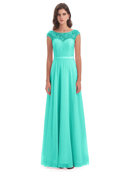Treasure Cap Sleeves Lace Long Bridesmaid Dresses