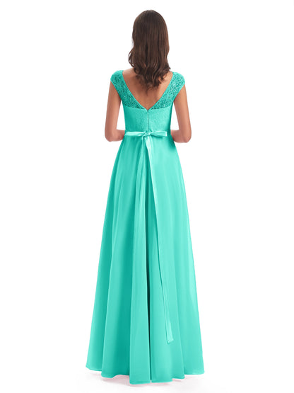 Treasure Cap Sleeves Lace Long Bridesmaid Dresses