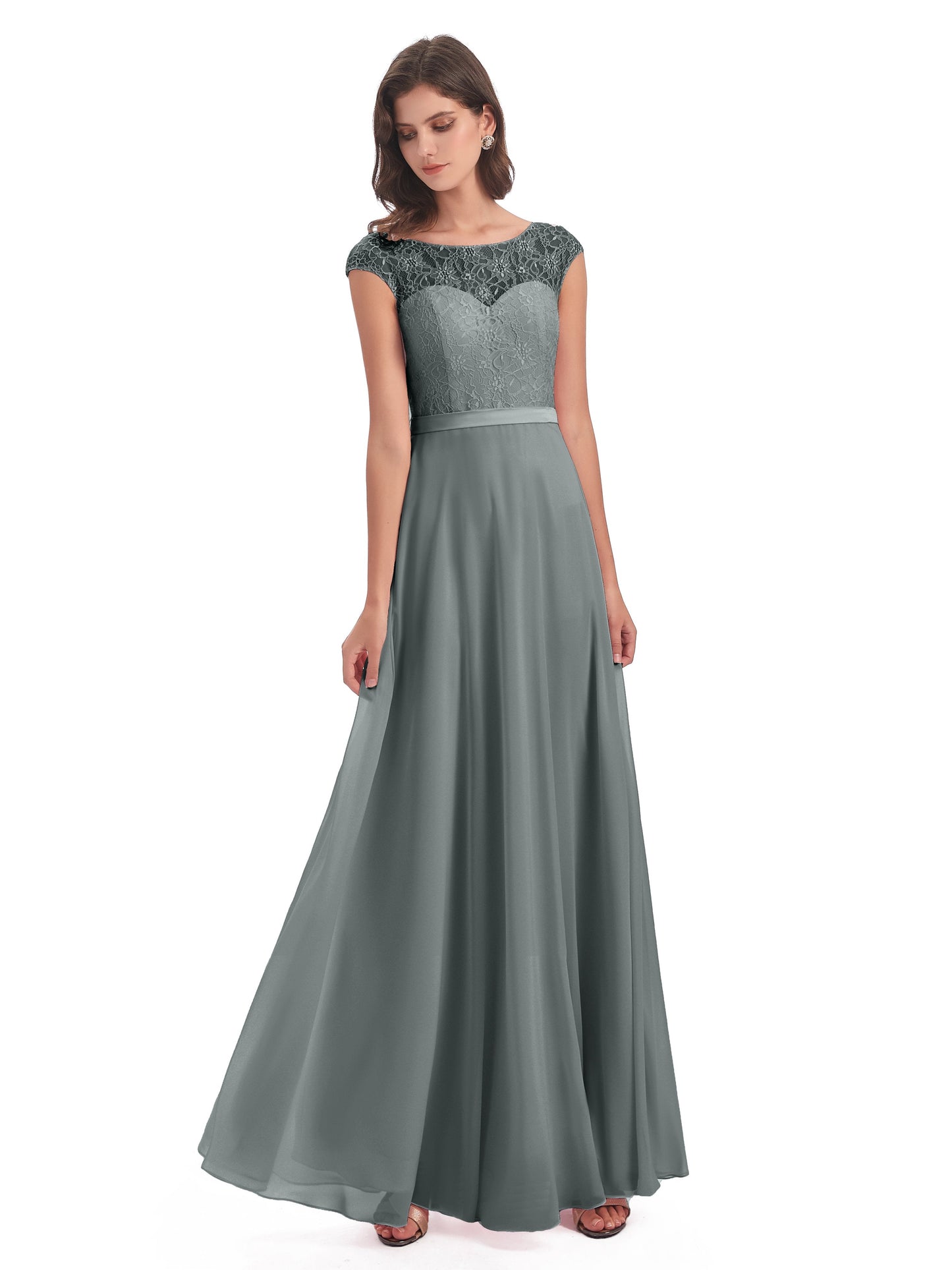 Treasure Cap Sleeves Lace Long Bridesmaid Dresses