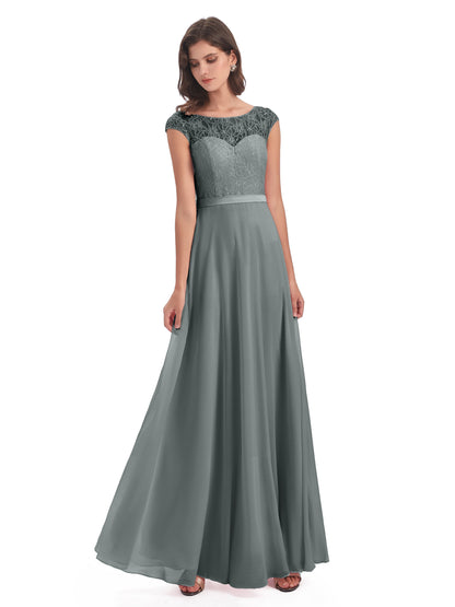 Treasure Cap Sleeves Lace Long Bridesmaid Dresses