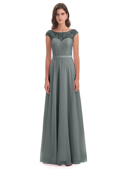 Treasure Cap Sleeves Lace Long Bridesmaid Dresses