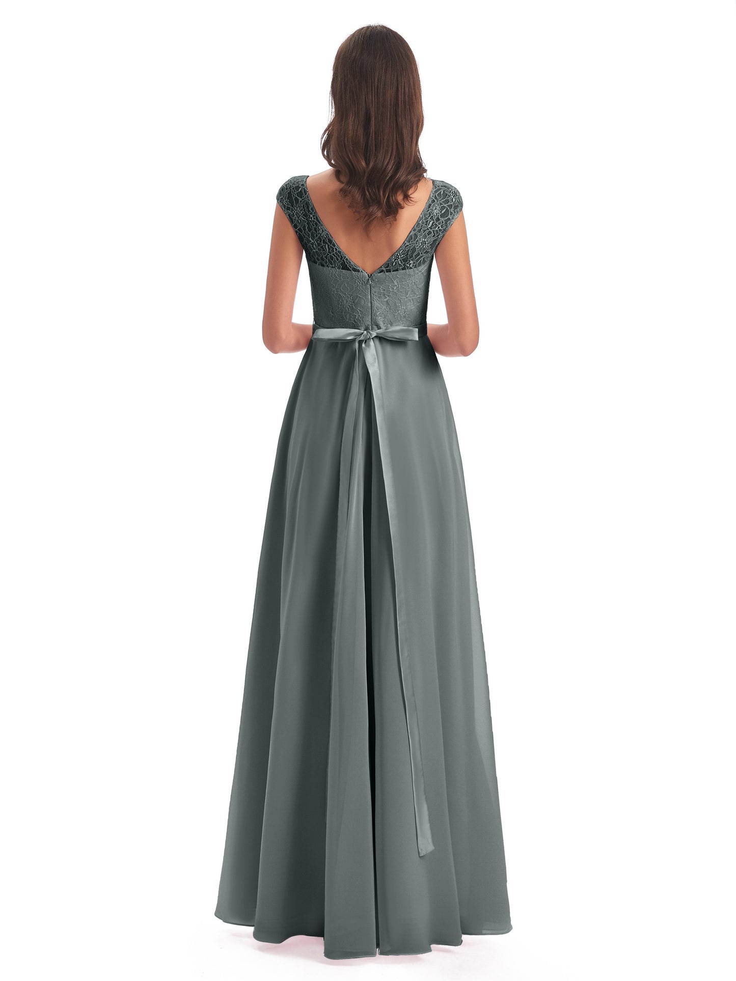Treasure Cap Sleeves Lace Long Bridesmaid Dresses