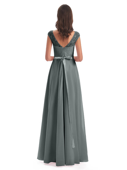 Treasure Cap Sleeves Lace Long Bridesmaid Dresses
