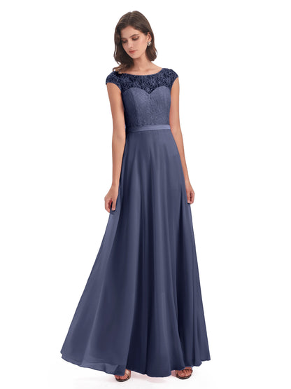 Treasure Cap Sleeves Lace Long Bridesmaid Dresses