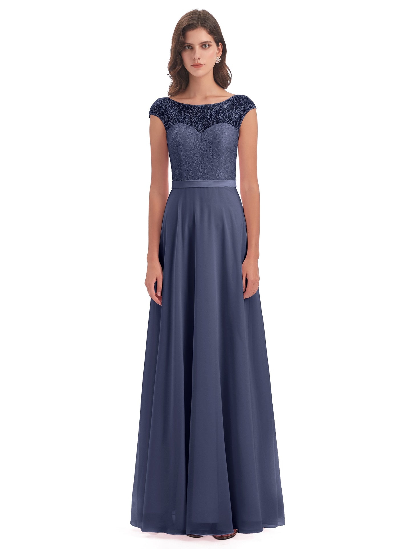 Treasure Cap Sleeves Lace Long Bridesmaid Dresses