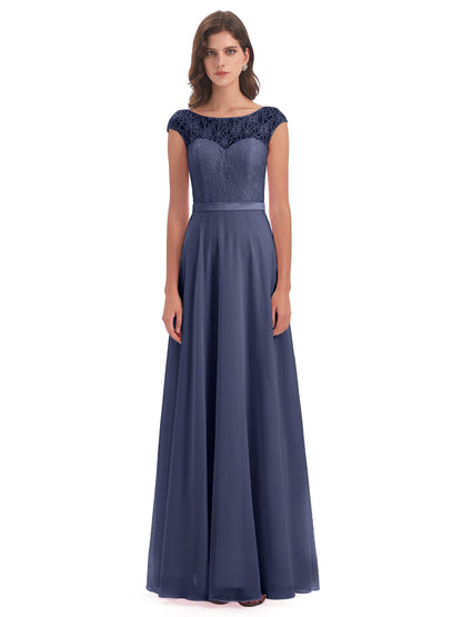 Treasure Cap Sleeves Lace Long Bridesmaid Dresses