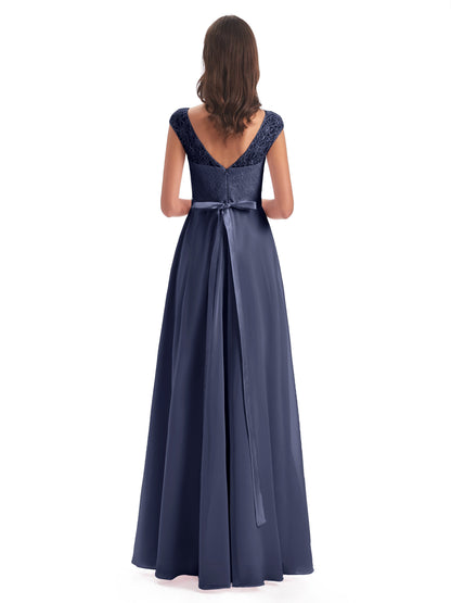 Treasure Cap Sleeves Lace Long Bridesmaid Dresses
