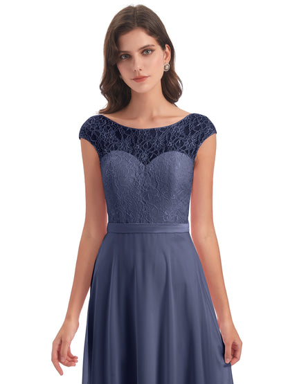Treasure Cap Sleeves Lace Long Bridesmaid Dresses