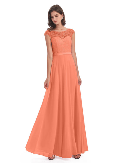 Treasure Cap Sleeves Lace Long Bridesmaid Dresses