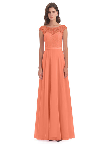 Treasure Cap Sleeves Lace Long Bridesmaid Dresses