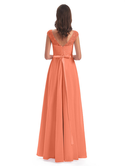 Treasure Cap Sleeves Lace Long Bridesmaid Dresses