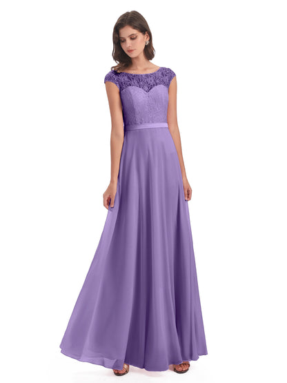 Treasure Cap Sleeves Lace Long Bridesmaid Dresses