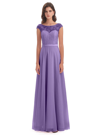 Treasure Cap Sleeves Lace Long Bridesmaid Dresses