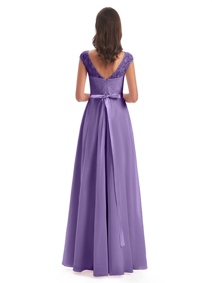 Treasure Cap Sleeves Lace Long Bridesmaid Dresses