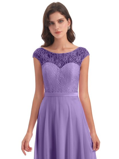 Treasure Cap Sleeves Lace Long Bridesmaid Dresses